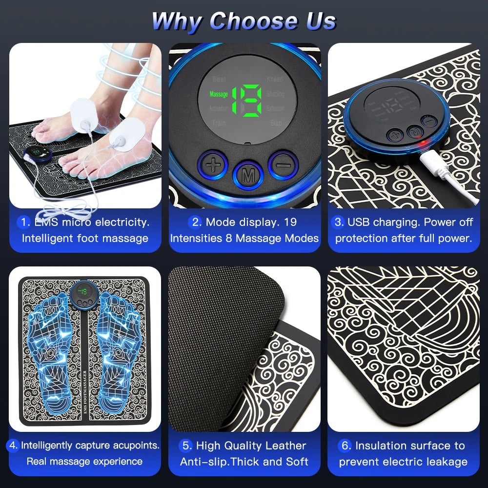Electric EMS Foot Massager Pad - Wireless Muscle Stimulation Mat for Circulation & Pain Relief
